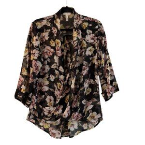 Nordstrom Leith Semi Sheer Drape Front Floral Blouse Top Size Medium